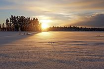 Das sanfte Licht der Sonne legt sich über die unberührte Schneefläche des Sees